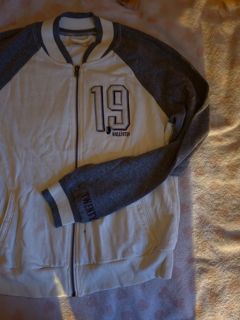 Hollister White and Gray Zip-Up Sweater Jacket